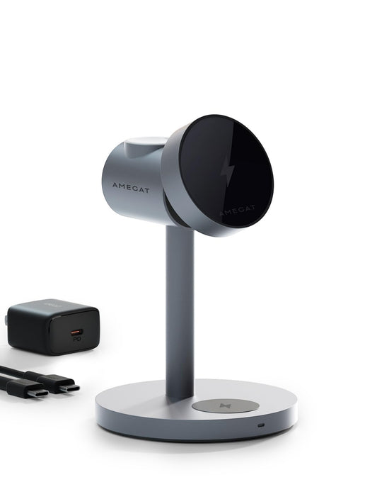 AMEGAT MagFusion 3-in-1 Charging Station MagSafe-Compatible, Qi2 Certified 15W Wireless Charger Stand, Apple Watch Charger, for iPhone 16/15/14/13/12, AirPods (30W PD Charger Included)
