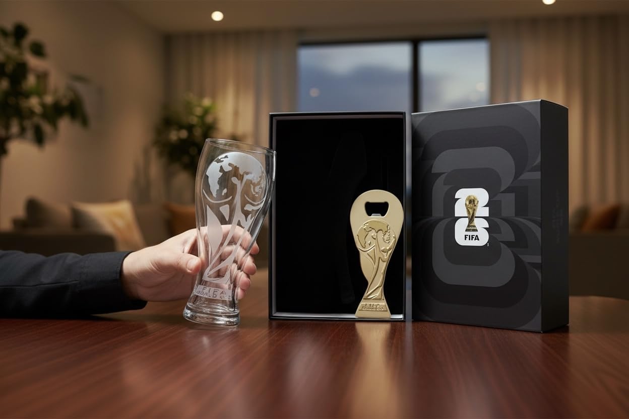 Official FIFA World Cup 2026 Edition - 17oz Pilsner Beer Glass & 6-Inch Trophy Bottle Opener Gift Set - 1 of Each - Perfect for Parties, Mancaves, Gamedays, Tailgates, BBQ’s - Collectors Drinkware Set
