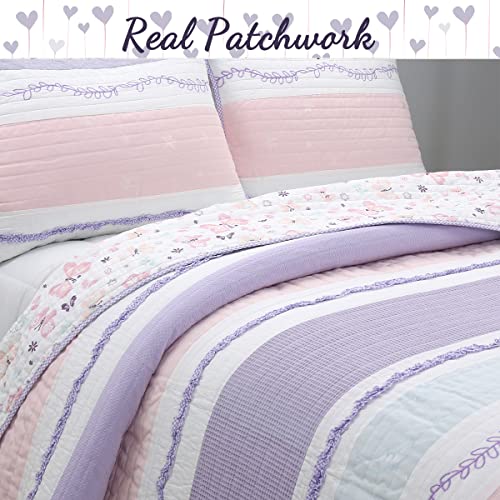 Cozy Line Home Fashions Lavender Blue Pink Ruffles Girl 100% Cotton Reversible Quilt Bedding Set, Coverlet, Bedspread (Purple Dream, Queen - 3 Piece)