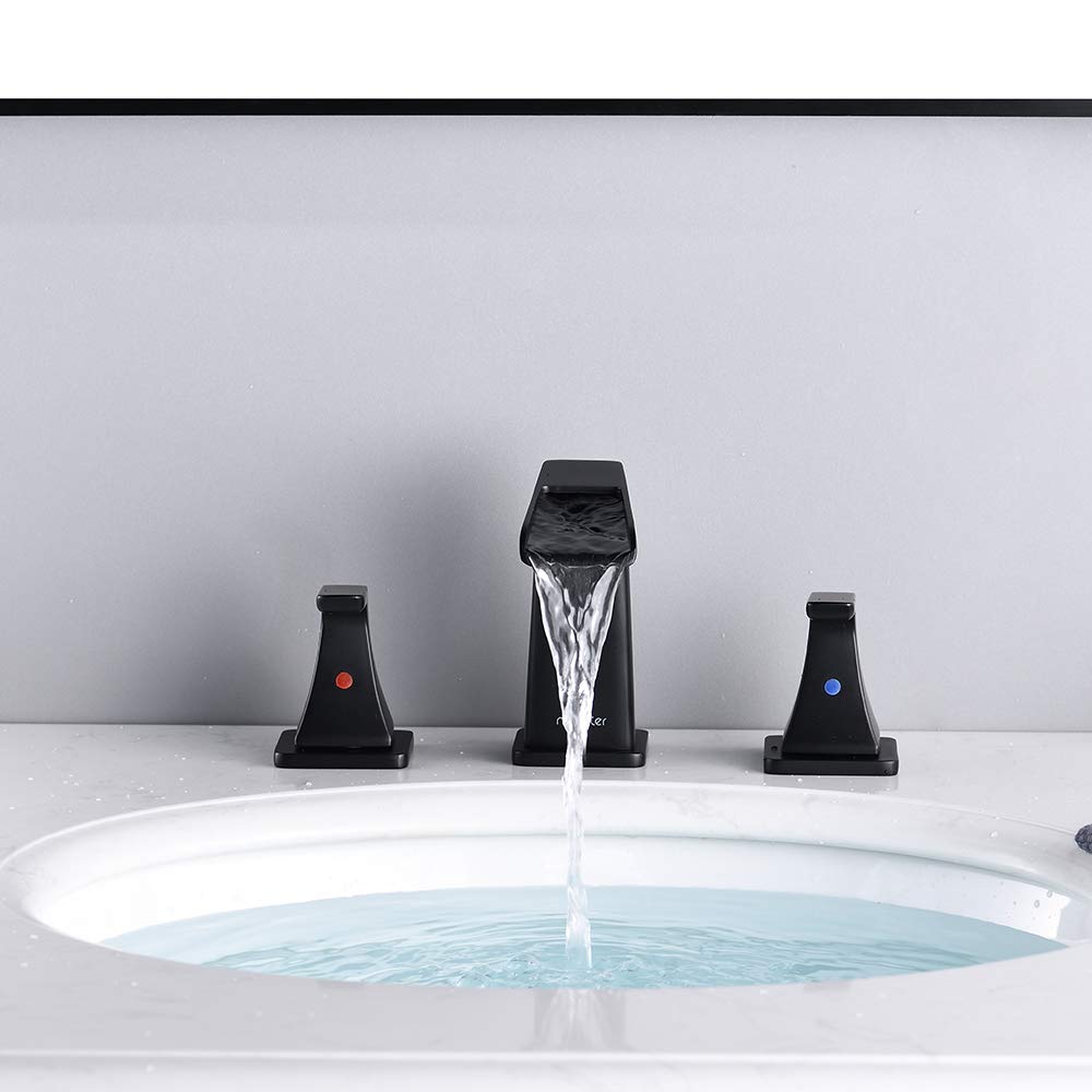NEWATER Matte Black Solid Brass Bathroom Faucet 8" Widespread, Waterfall 3-Hole Vanity Sink Faucet with Metal Pop-Up Drain & Supply Lines, Two Handle Bathroom Faucet for Sinks
