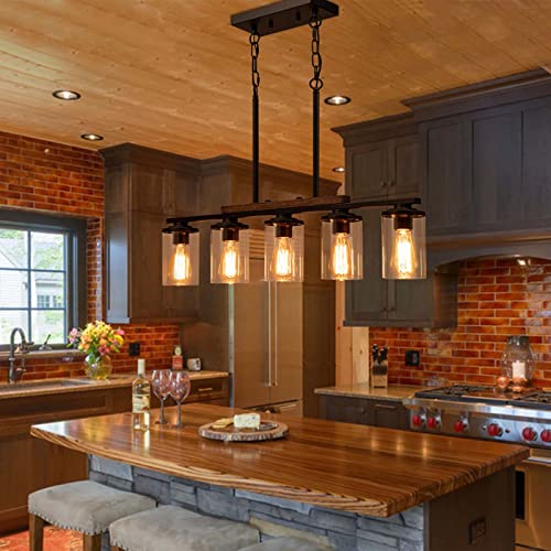 2025 Upgraded Kitchen Island Lighting, 5-Light Dining Room Light Fixtures Over Table Kitchen Island Lights with Rustic Wood Frame Farmhouse Chandelier for Dining Room, 32.4" Black Clear Glass Shades