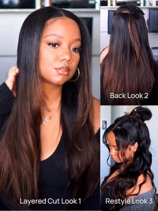 Nadula V Part Yaki Straight Glueless Wig Human Hair Balayage Brown Upgraded U Part Wigs, Highlight Straight V-part Wigs V Shape Clip in Half Wig No Glue Wear and Go No Leave Out 16inch