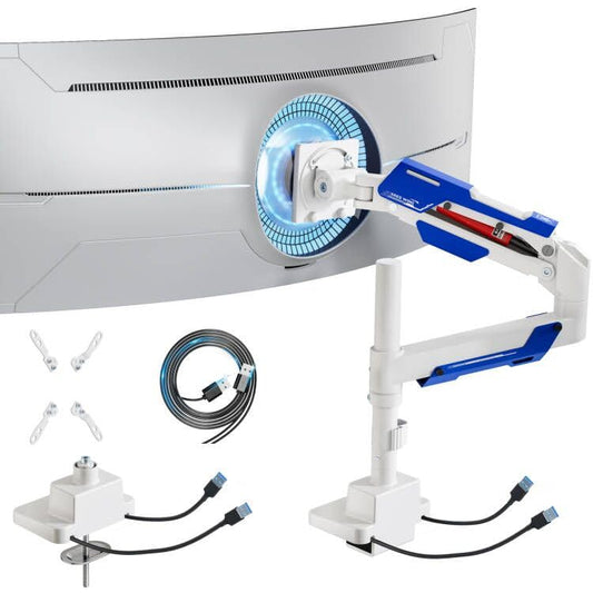 ARES WING Single Monitor Mount with USB, Ultrawide Monitor Arm for 24 to 57 Inch Heavy Duty Curved Screen, Adjustable Gas Spring Monitors Arm Stand up to 66LBS with 75/100/200 Vesa Mount, White