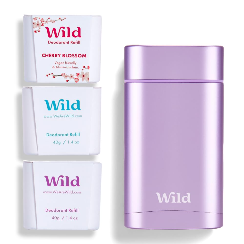 Wild - Purple Case with Refill Variety Pack - Refillable Deodorant - Aluminum Free - Includes Fresh Cotton & Sea Salt, Cherry Blossom and Coconut & Vanilla Scents - Vegan