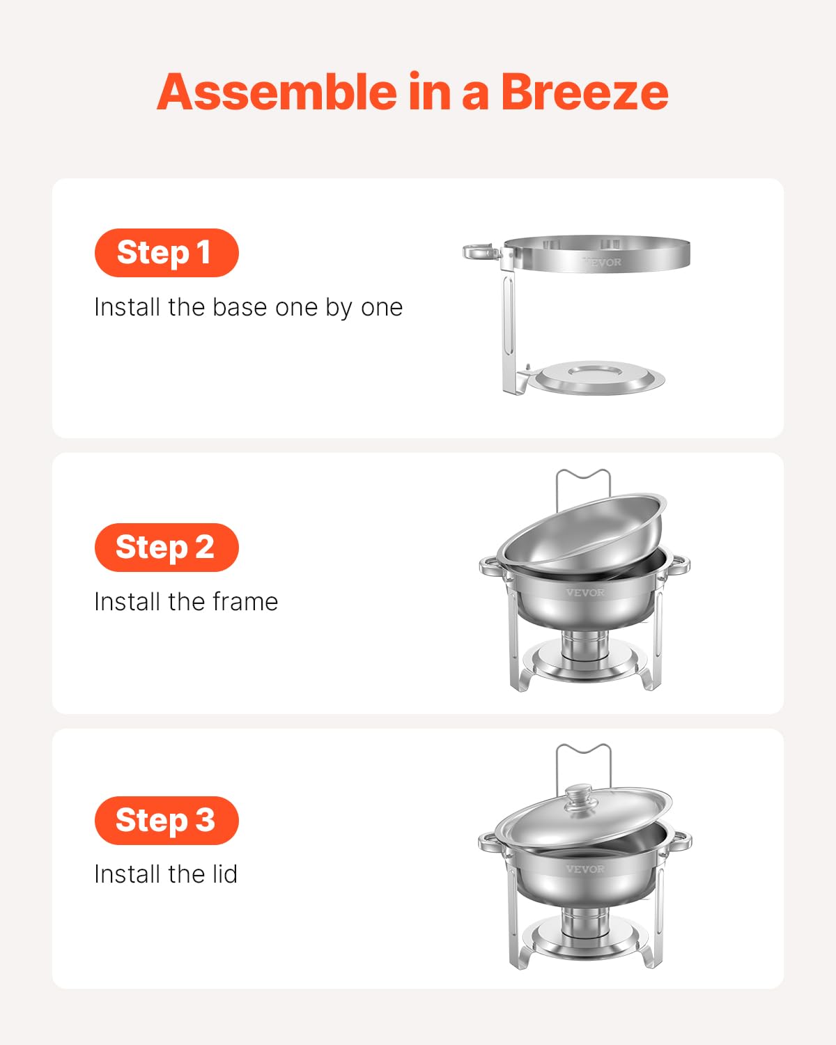 VEVOR Chafing Dish Buffet Set, 5 Qt 2 Pack, Stainless Steel Chafer with 2 Full Size Pans, Round Catering Warmer Server with Lid Water Pan Folding Stand Clip, for Weddings Parties Banquets, Silver