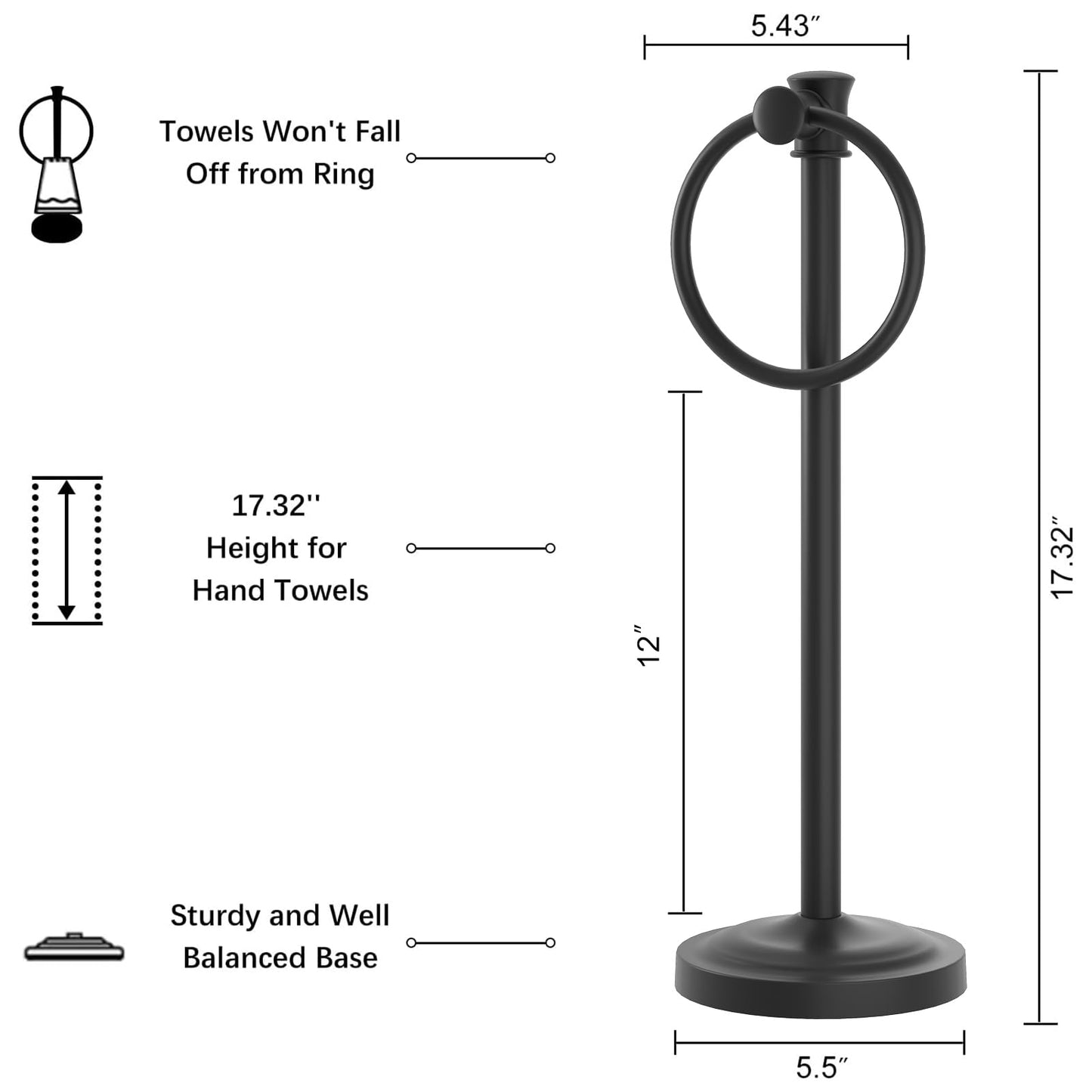 Hoimpro 17 Inch Stand Hand Towel Holder Towel Bar Towel Hanging Ring, Free Standing Floor Hand Towel Rack Storage for Bathroom Kitchen Vanity Countertops, Hardware Accessories(Matte Black)