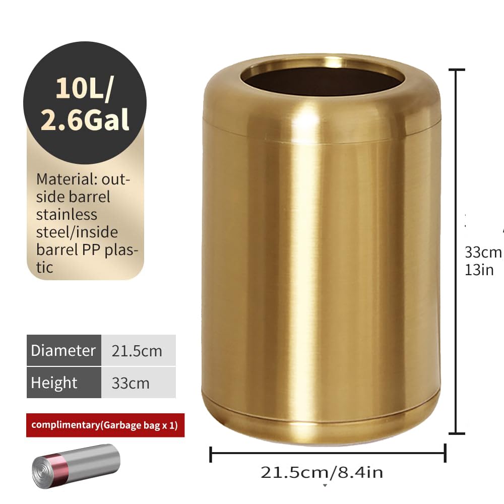 LEASYLIFE 10 L/2.6Gallon,Brass Bathroom Trash can,Gold Bathroom Trash Can, Small Gold Trash Can,Brass Garbage Can for Bathroom,Living Room,Office,Kitchen,Bedroom,Hotel (Gold)