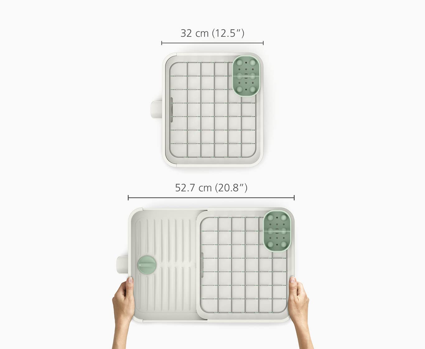 Joseph Joseph Extend Expandable Dish Drainer Rack with Removable Flatware Holder Swivel Draining Spout - Stone/Sage Green