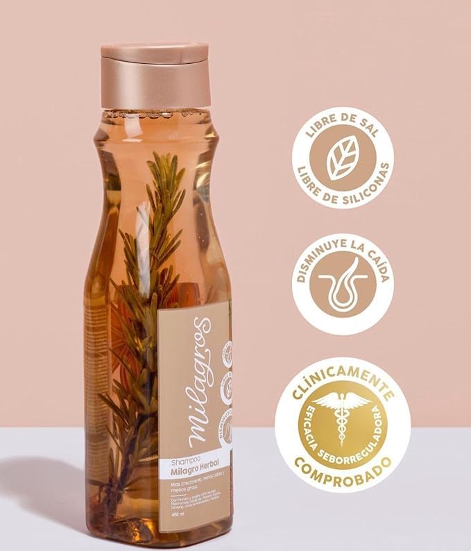 Milagros Shampoo y Acondicionador Herbal - Romero, Jengibre y Arroz 100% natural | Combate caida del cabello y promueve su crecimiento.