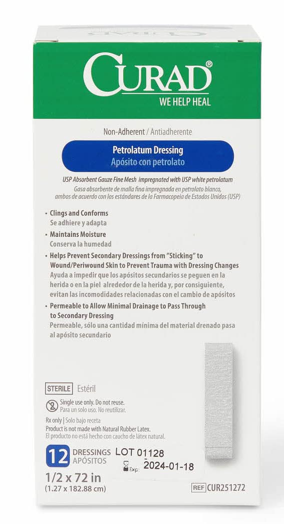 Medline CURAD Sterile Nonadherent Petrolatum Gauze Dressing, 1/2 Inch x 72 Inches, Ideal for Nondraining Wounds, Case of 72 Each