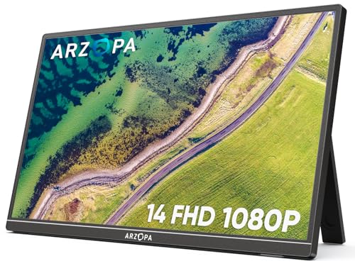 ARZOPA Portable Monitor Kickstand, 14.0" Ultra Slim Portable Laptop Monitor FHD 1080P External Display with Dual Speakers Second Screen for Laptop PC Phone Xbox PS4/5 Switch-A1S