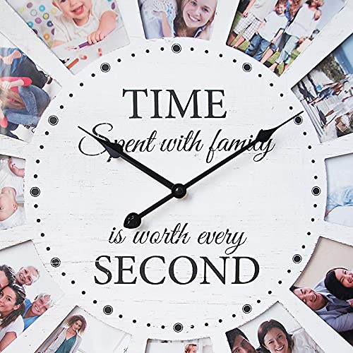 JUMBO HUMBLE 12 Photo Collage Family Wood Wall Clock, Rustic Farmhouse Wall Clock, Large Oversized Wall Clocks for Home, Kitchen, Living Room, Silent Battery Powered 24 Inch White