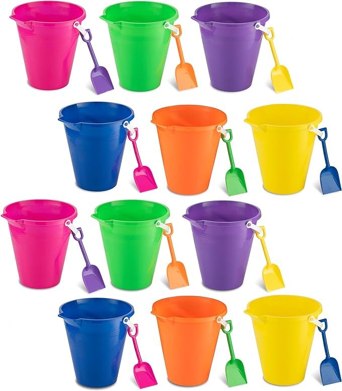 4E's Novelty 9" Large Sand Bucket with Shovel [12 Pack Bulk] Beach Buckets - Beach Toys for Kids & Toddlers, Party Favors Holders