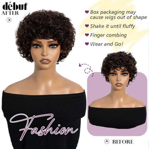 DÉBUT Short Curly Wigs with Bangs 100% Human Hair Afro Curly Glueless Wigs for Women Loose Curls Wear&Go Non Lace Front Wig (Medium Brown)