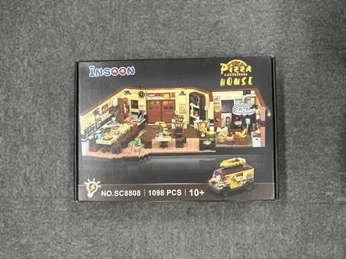 INSOON City Street Pizza Restaurant Building Set with Light, 1098PCS Pizzeria House Architecture Model with Retro Pizza Van, Home Decor Construction Building Block Gift for Adults Teens Boys Girls 12+