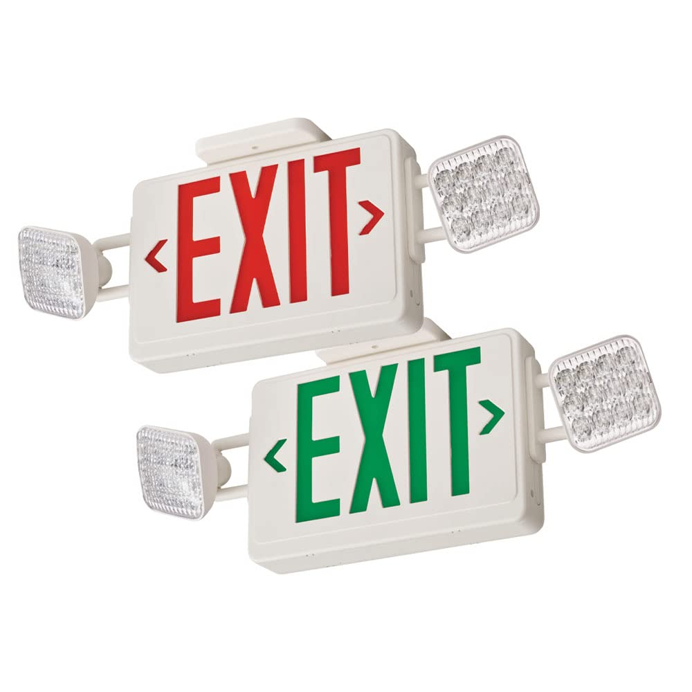 Lithonia Lighting ECRG Basics LED Exit Sign/Emergency Light Combo, Red/Green Switchable Exit Sign and Emergency Lights for Business, 2-Head Fixture, Square Lamp Heads, White (ECRG SQ M6)
