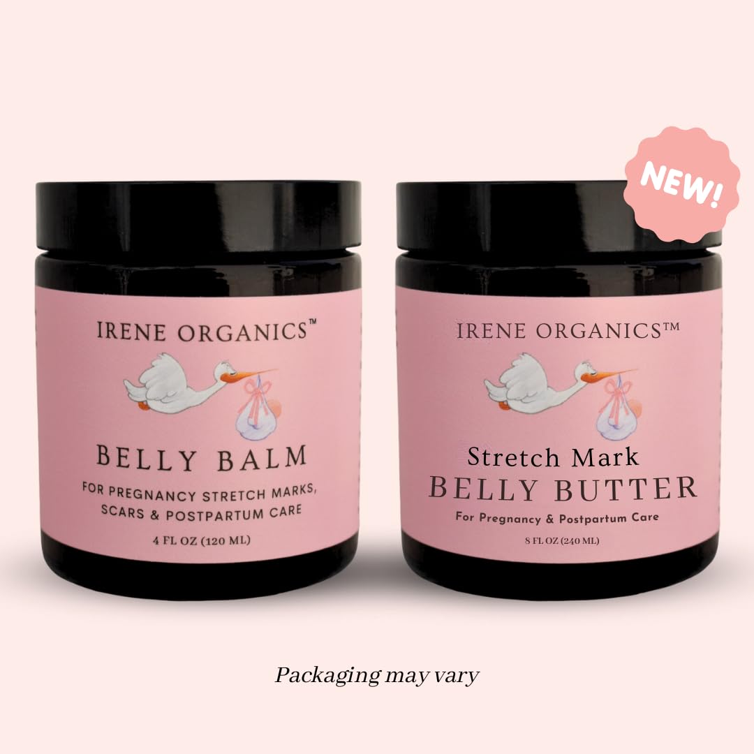 Irene Organics Organic Belly Butter for Pregnancy Stretch Mark Prevention and Treatment Award Winning Anti Stretch Mark Tummy Balm For Pregnancy and Postpartum 8oz - Hydrating Bump Cream