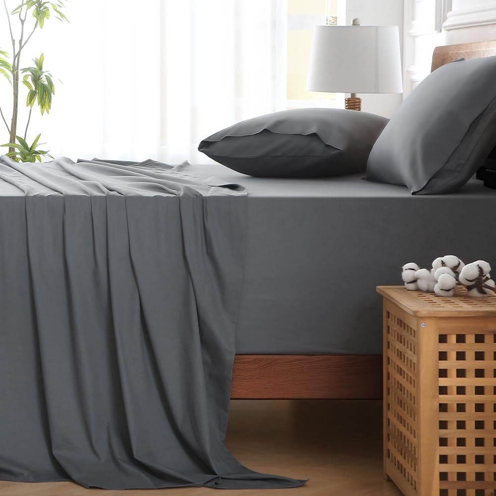 HYPREST Extra Deep Pocket Queen Sheet Sets Fits 18"-24" in Deep Mattress -100% Cotton Queen Sheet Set,Grey Hotel Luxury Soft Wrinkle Free Cooling Sheet Sets for Queen Bed Deep Pocket