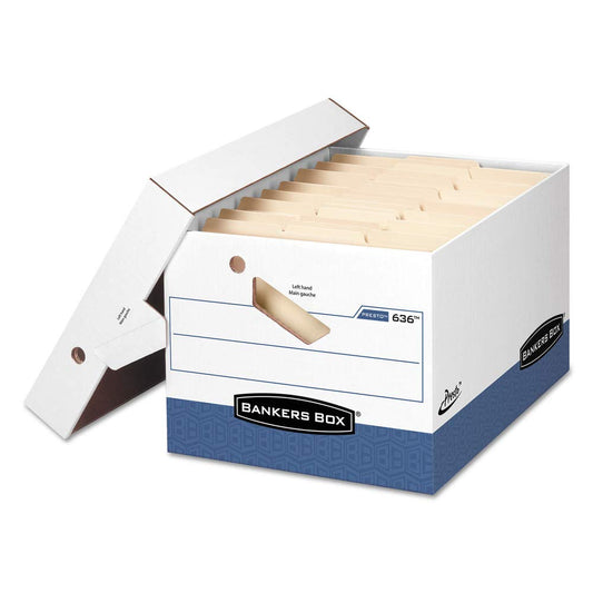 Bankers Box Presto Storage Boxes, Ergonomic Handles, Letter/Legal, 15" x 12" x 10", 60% Recycled, White/Blue, Pack of 12
