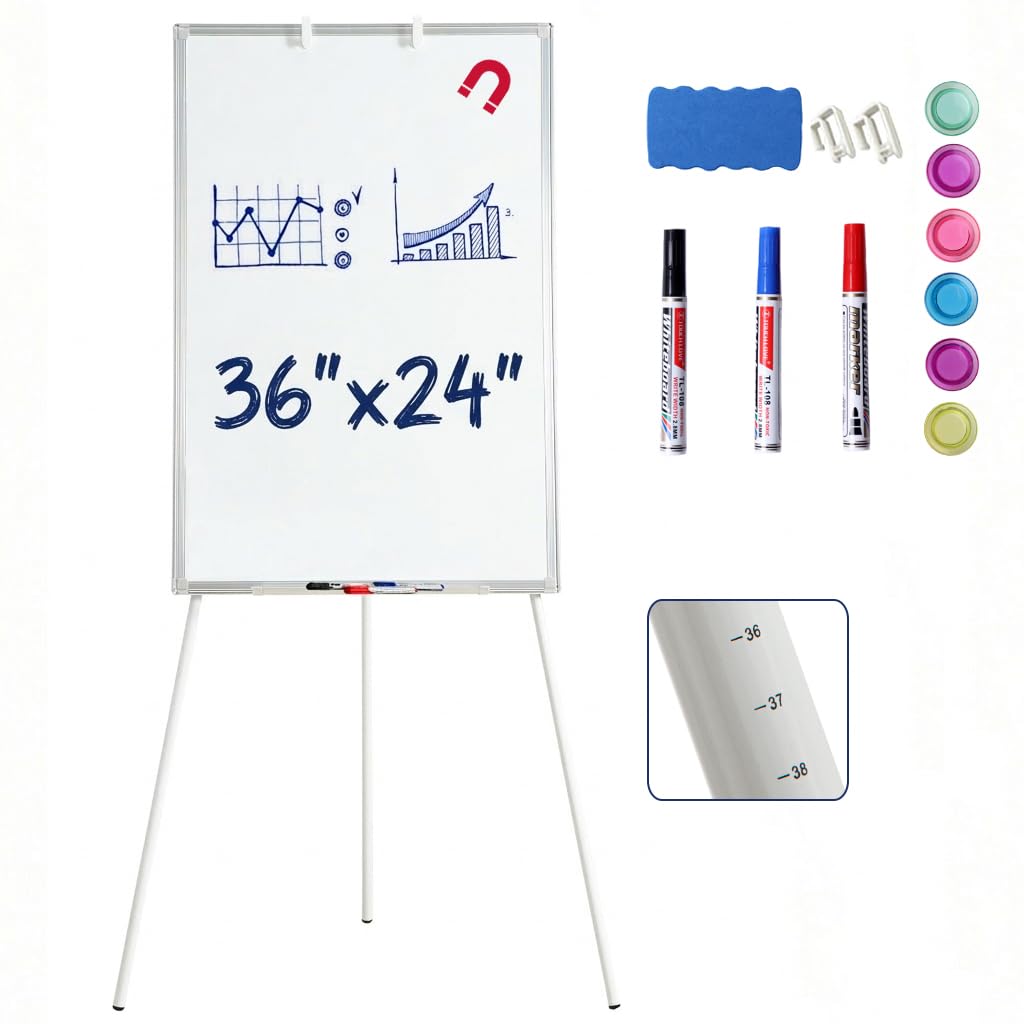 FORTUNO 36x24 Tripod Whiteboard, Magnetic Dry Erase Board with Stand,Height Adjustable Portable Sturdy White Board for Homeschool Office Classroom, White