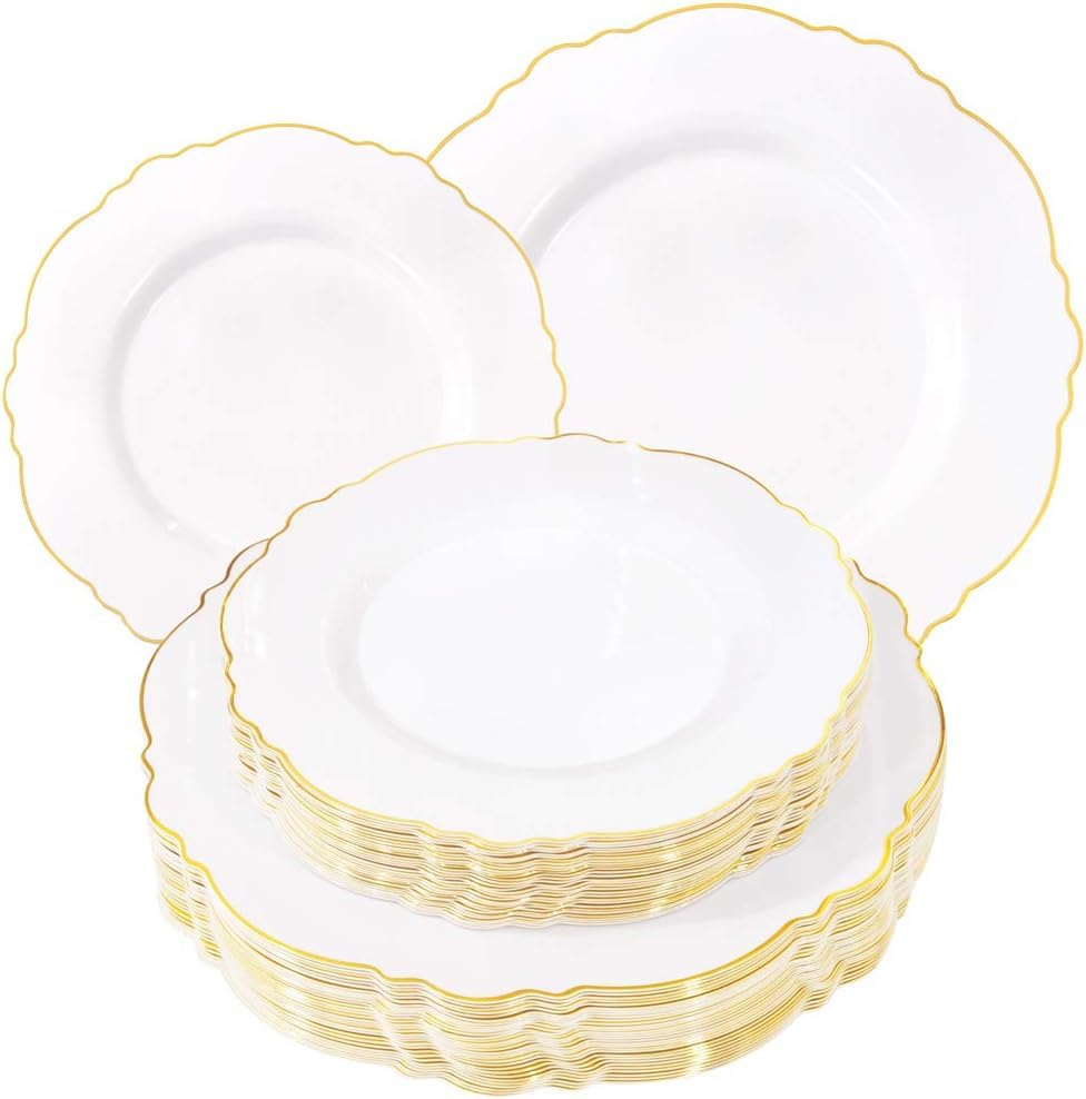 WDF 60pcs White and Gold Plastic Plates - Baroque White With Gold of 30 Heavy Duty Gold dinner plates 10.25inch, 30 Salad Plates 7.5inch