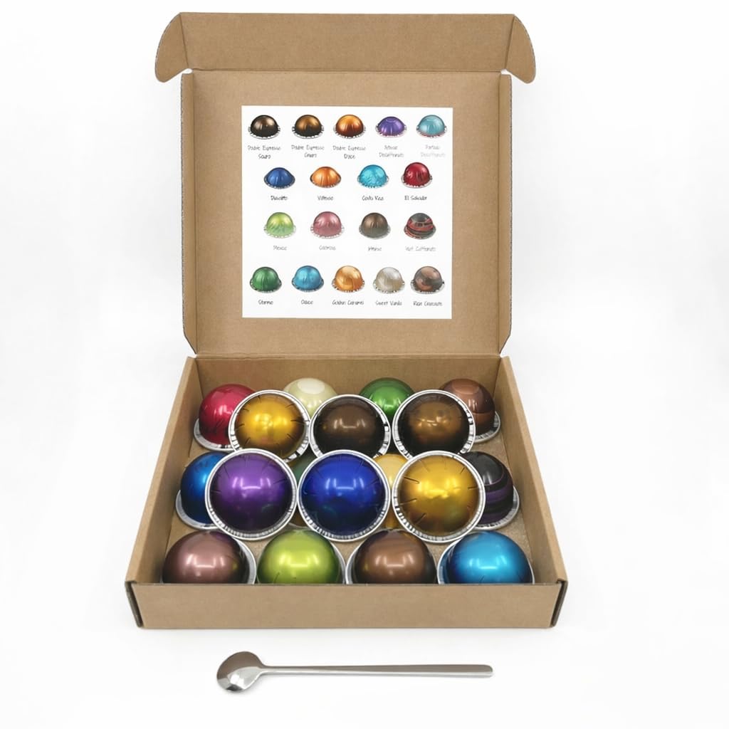 Variety Discovery Sampler 18 Capsules BULK Pack with Spoon / 18 Flavors Exploration Kit/Espresso & Lungo Coffee Mix Capsules Pod (18, Variety Pack)
