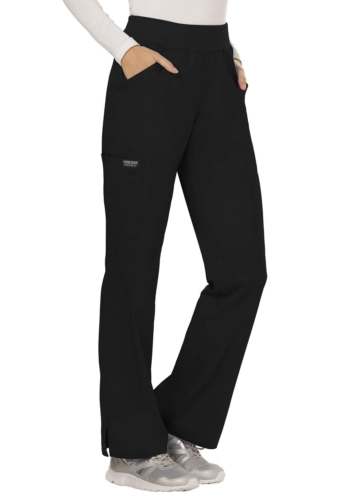 Cherokee Women's Mid Rise Straight Leg Pull-on Pant, Black, Large