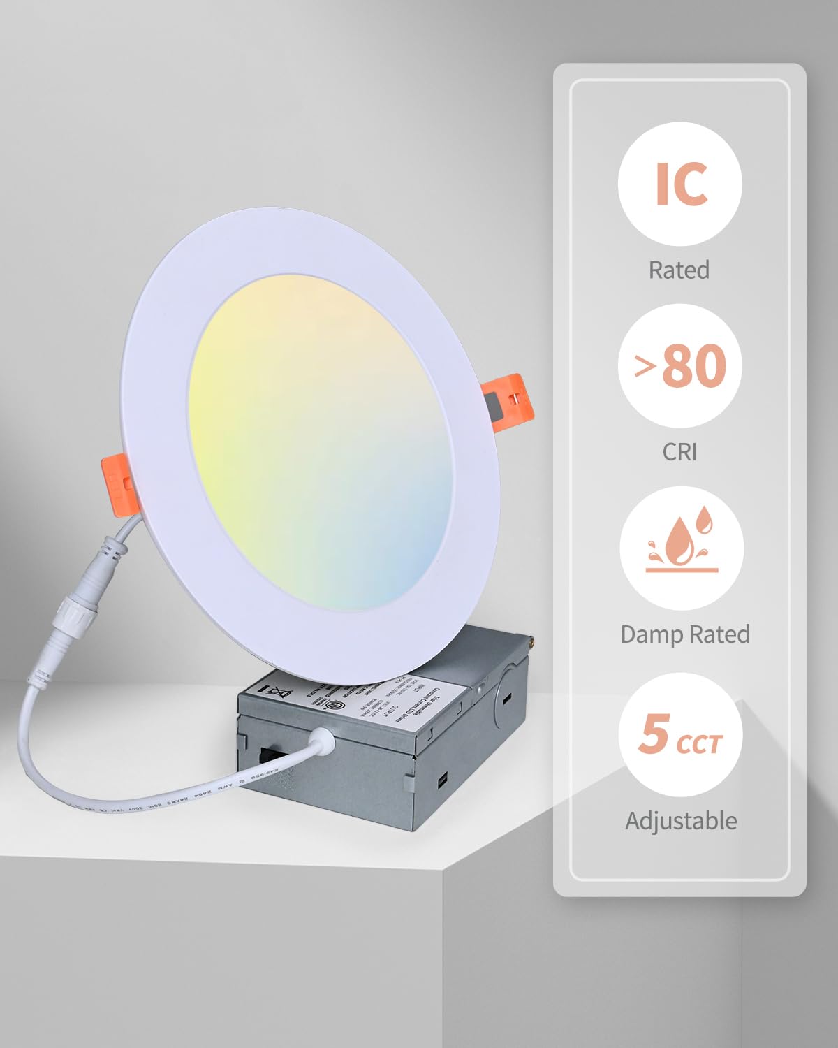 ZYC recessed Lighting 6 inch - 12W 1100LM High Brightness,5CCT 2700K/3000K/3500K/4000K/5000K Selectable,Ultra-Thin LED Recessed Ceiling Light,Dimmable Canless Wafer Downlight,Pack of 6 Gold.