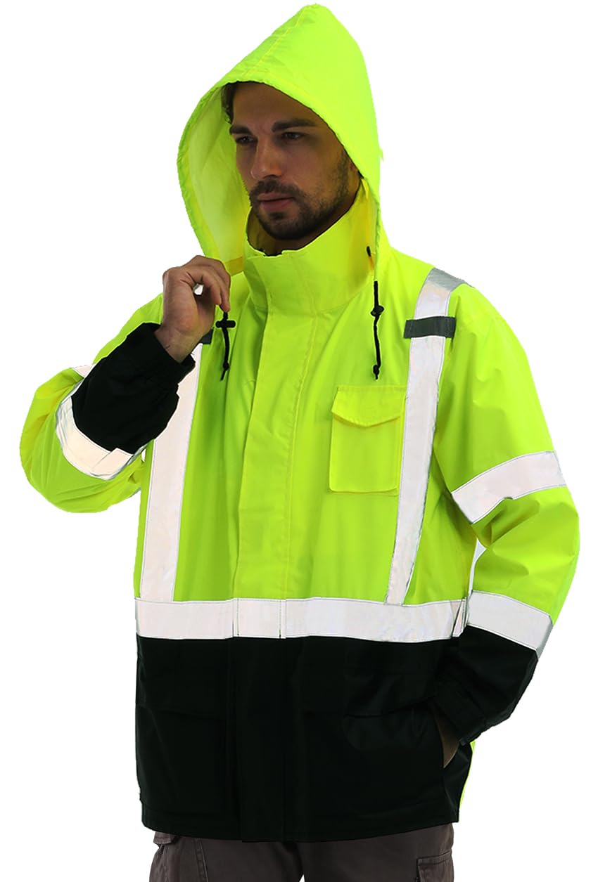 High Vis Rain Jacket, Rain Suits for Men Waterproof with Black Bottom, Class 3 Rain Coats for Men Interior Mesh, High Visibility Rain Gear, Removable Hood Orange (4XL/5XL)