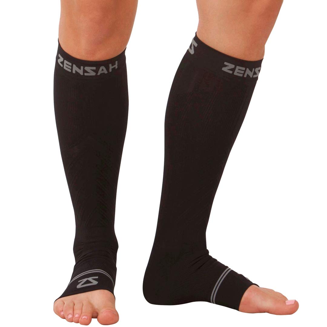 Zensah Ankle/Calf Compression Sleeves- Toeless Socks for Circulation, Swelling for Men and Women, Black, Large