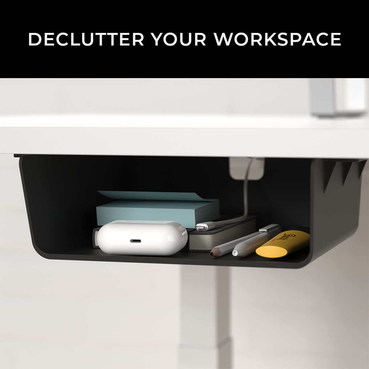 HumanCentric Under Desk Storage Shelf, Drawer Organizer for Office, Workstations, Tables, Sit Stand Desks, Gaming Setups, Mountable Storage Tray, Cable Management, Screw or Stick On, 2 Pack