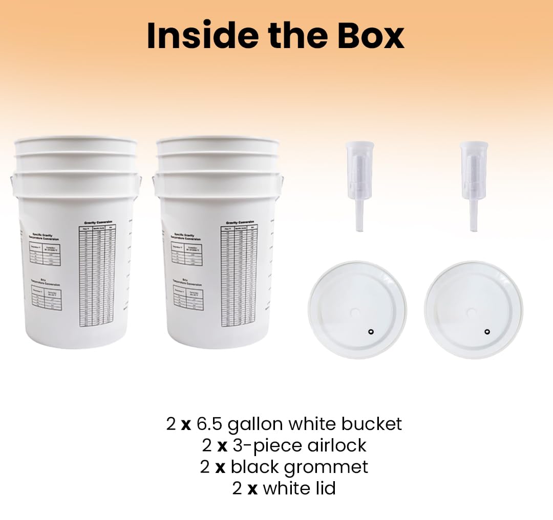 FastRack 2-Pack 6.5 Gallon Fermentation Bucket with Lid & Airlocks | White | BPA-Free Food-Grade HDPE Brew Buckets with Grommeted Lids for Beer, Wine, Mead & Cider