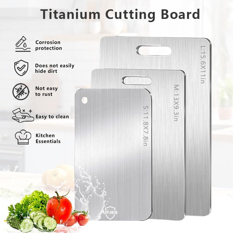 UFJEG Titanium Cutting Board, 3 PCS Titanium Cutting Boards for Kitchen, Non Toxic, Double-Sided Food Grade Chopping Board for Outdoor Camping(15.6" x 11", 13" x 9.3", 11.8" x 7.8")