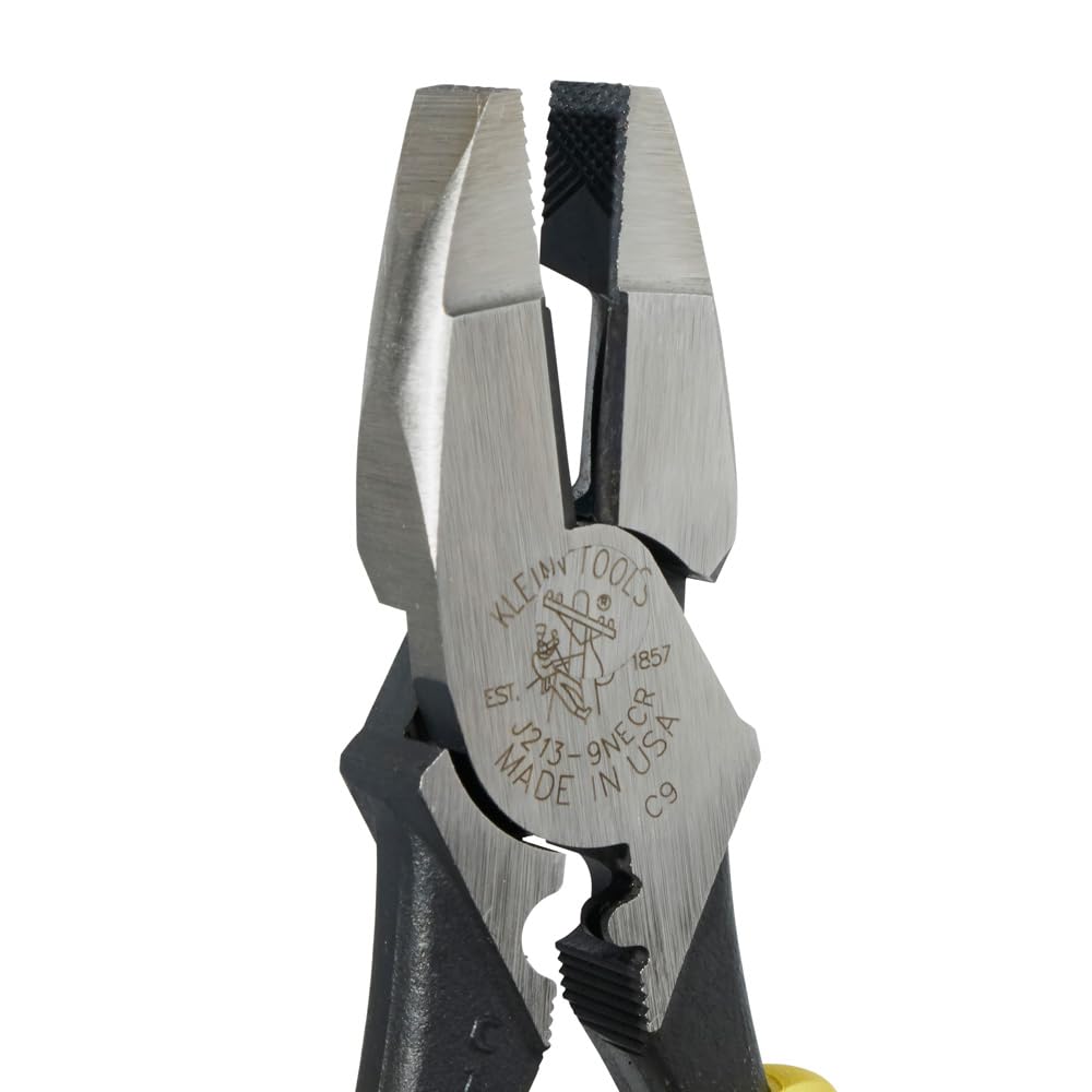 Klein Tools J213-9NECR Journeyman Pliers Connector Crimp Side, Made in USA, With High-Leverage Design Featuring Crimping Die Behind Hinge, 9-Inch