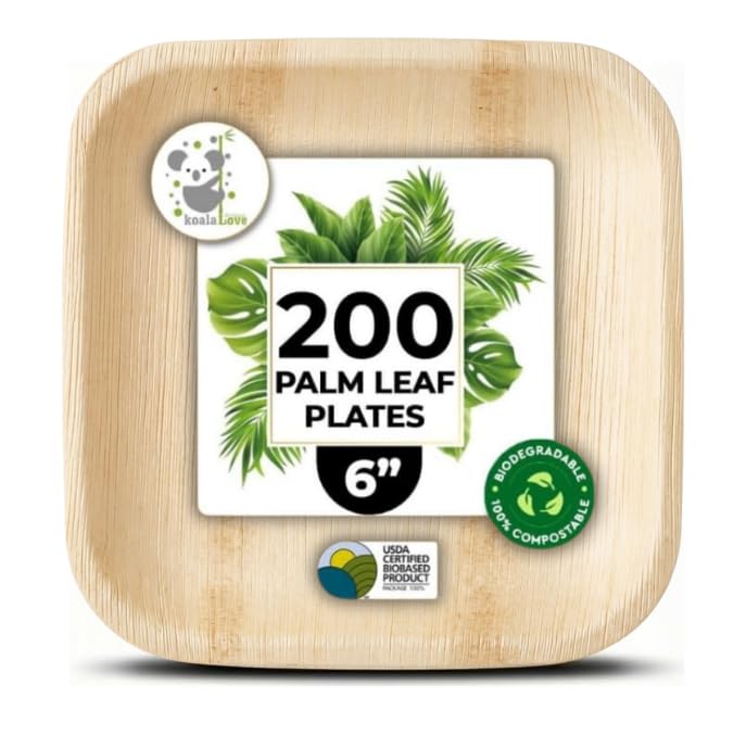 Palm Leaf Plate Bamboo Paper Disposable 6 Inch 200 Bulk Appetizer and Dessert Square Party Pack Eco Biodegradable Compostable Wooden Plate Better Than Plastic By KoalaLove
