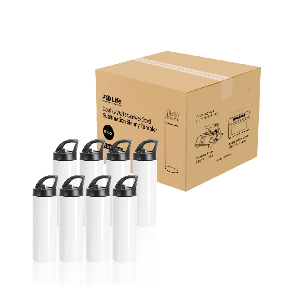 PYD Life 8 Pack Sublimation Tumblers Blanks Cups Bulk White 20 OZ Skinny Straight Sports Water Bottles Mugs with Portable Sippy Up Lid with Straw,for Tumbler Heat Press