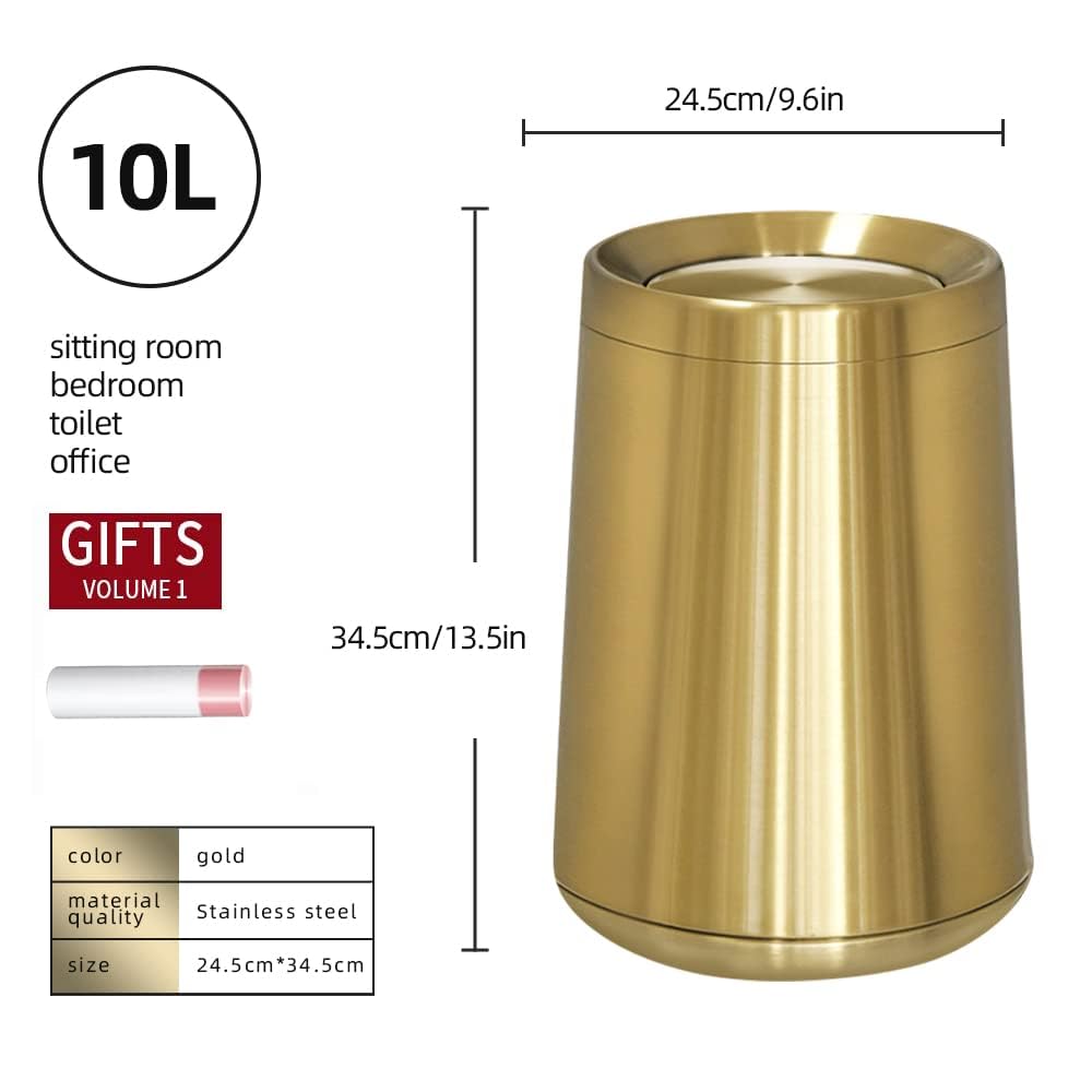 LEASYLIFE 10 L/3 Gallen,Gold Small Trash Can for Bathroom,Brushed Stainless Steel Garbage Can with Flipping Lid,for Bathroom,Living Room,Bedroom,Hotel,Conference Room(Gold)