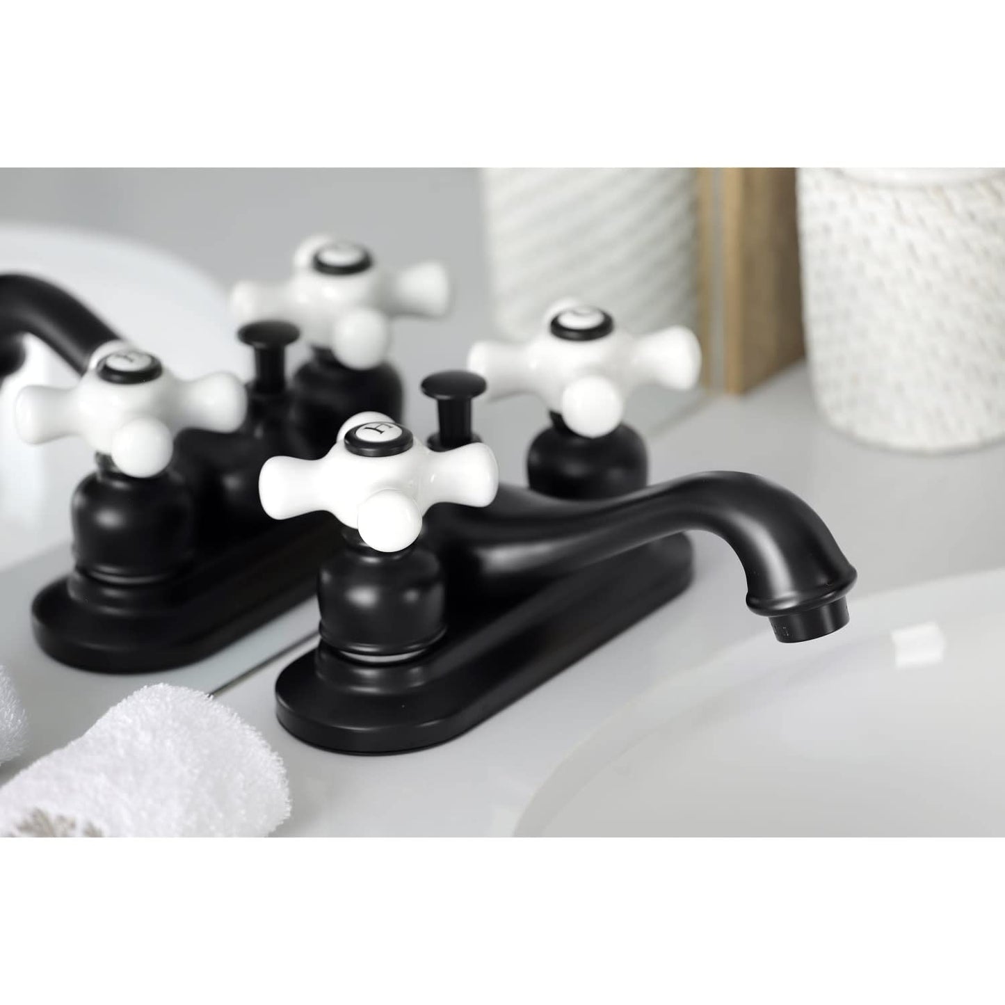 Kingston Brass KB601PX Restoration 4-Inch Centerset Lavatory Faucet with Porcelain Cross Handle, Polished Chrome