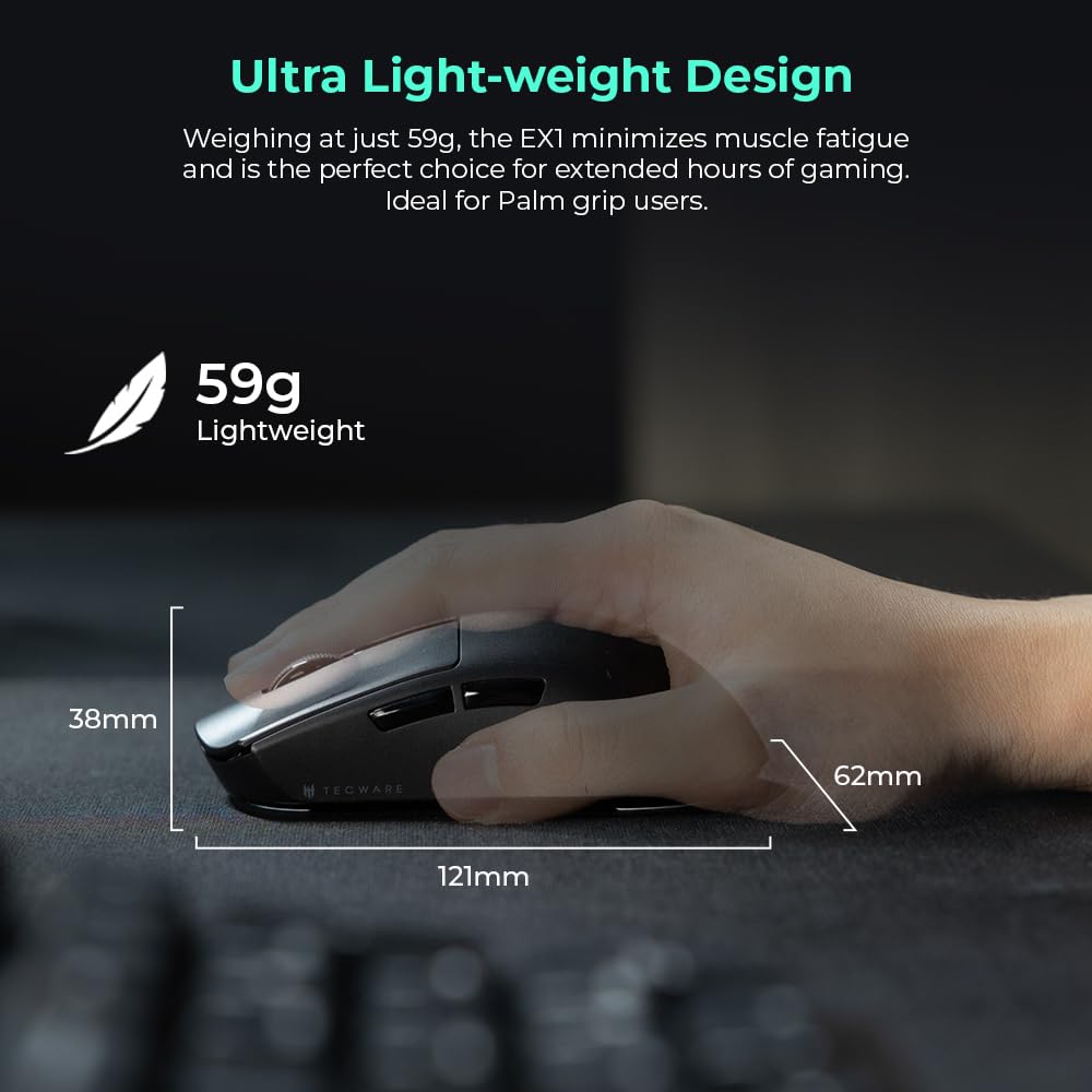 TECWARE EX1 Lightweight Gaming Mouse, 26K DPI Wireless Mouse, OLED Screen Display, 59g Lightweight, RGB Charging Dock, Tri-Mode Connectivity, Comes with PTFE Feet and Grip Tape, Gaming Mouse (Black)
