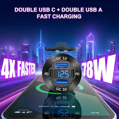 2 Pack 4 Port 12V USB Outlet Aluminum Charger, 78W Dual PD & QC Multiple USB Port for Car, USB C Cigarette Lighter Replacement 12 Volt Socket with Voltmeter Waterproof for Marine Boat Motorcycle RV