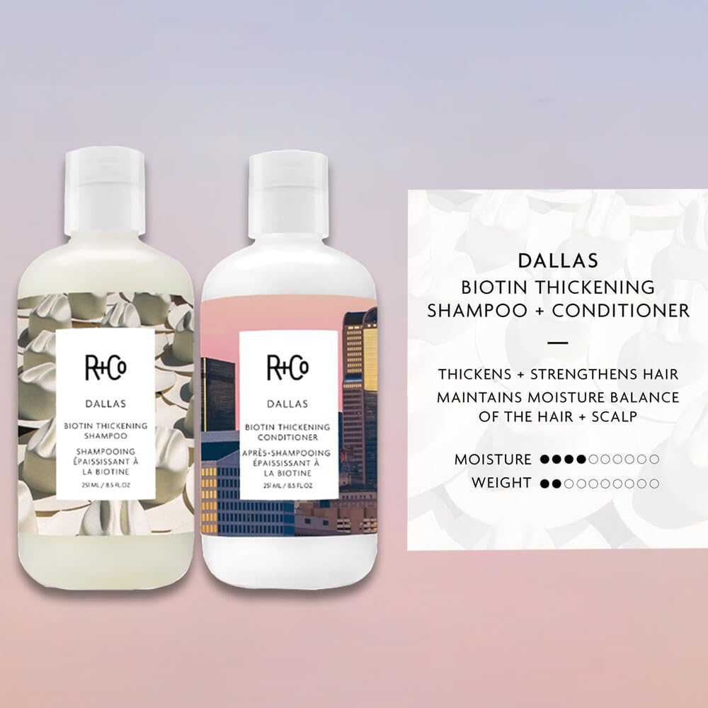 R+Co Dallas Biotin Hair Shampoo and Conditioner Set (8.5 Oz) + R+Co Bonus Deluxe Sample (.5 Oz) | Body + Shine + Smoothing for All Hair Types | Vegan + Cruelty-Free |