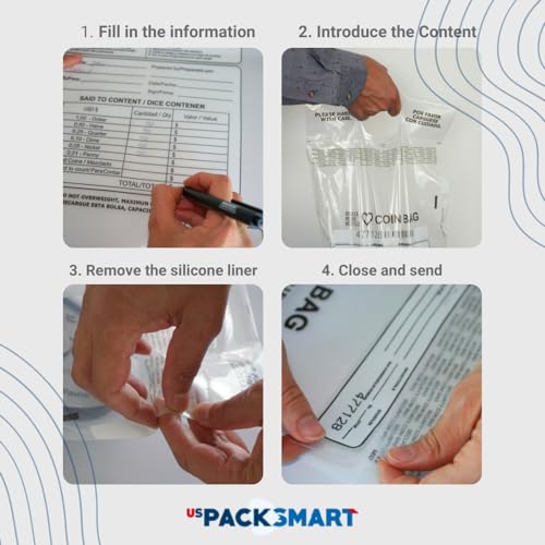 USPACKSMART Clear Plastic Coin Bag 12.5" x 21.5" | 50 lb. Capacity | Sequential Barcode Number, Self-Sealing, Permanent Adhesive | Ideal for Handling and Transport of Coins and Casino Chips | 50-Pack