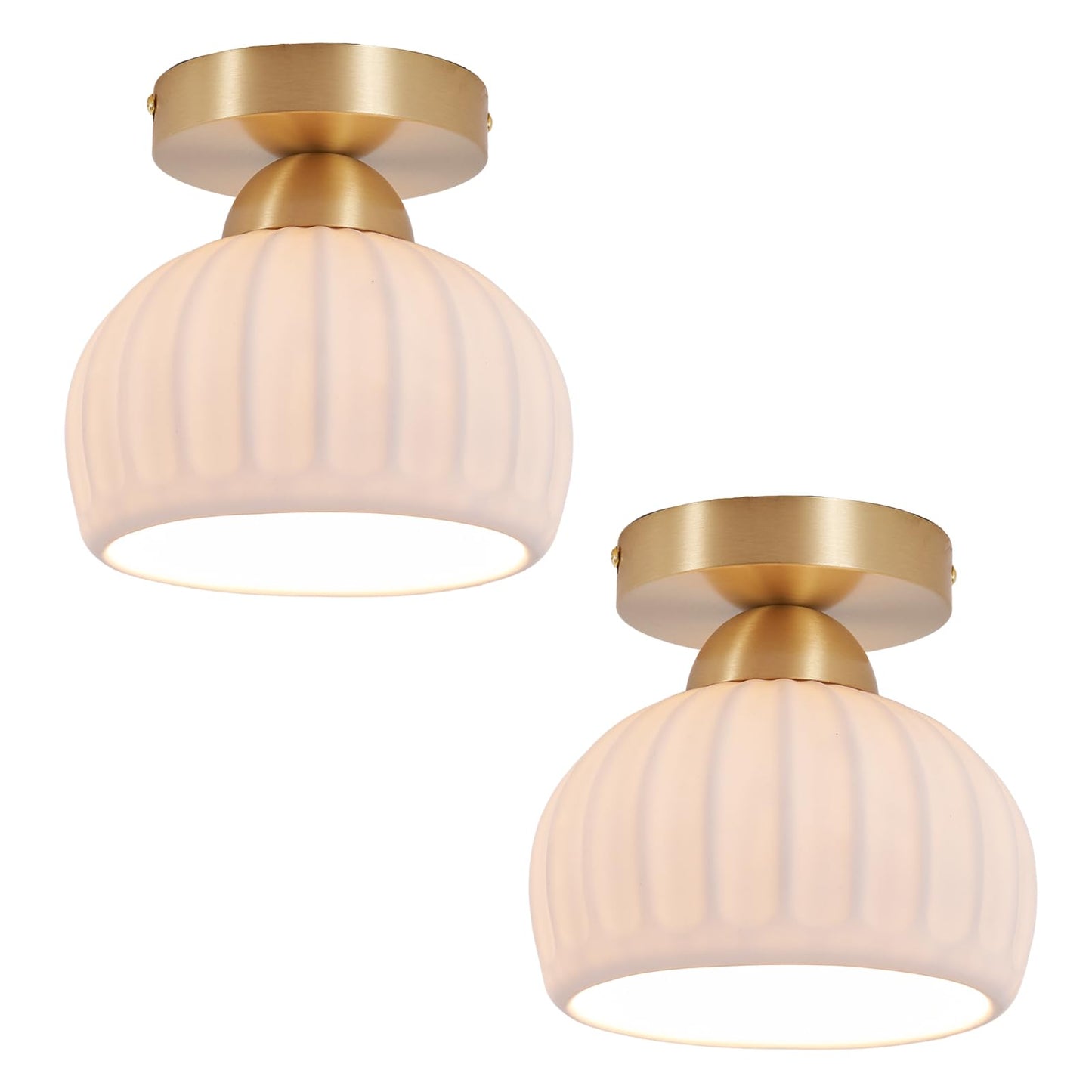 Fetason 2 Pack Ceramic Brass Semi Flush Mount Ceiling Light Vintage Hallway Light Fixtures, Modern Small Ceiling Mount Light Lamp for Hall Kitchen Entryway Passway Porch Foyer