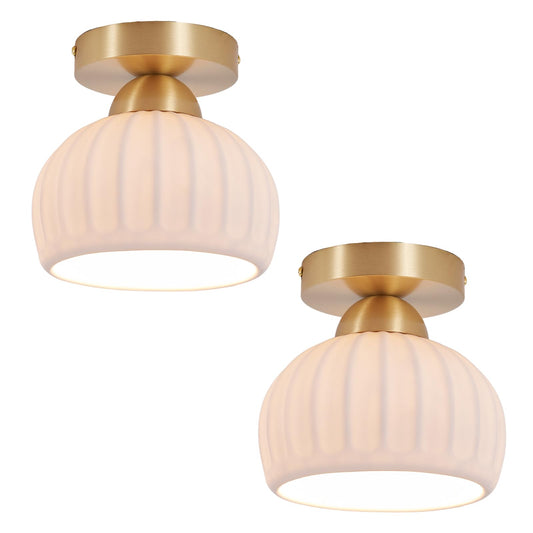 Fetason 2 Pack Ceramic Brass Semi Flush Mount Ceiling Light Vintage Hallway Light Fixtures, Modern Small Ceiling Mount Light Lamp for Hall Kitchen Entryway Passway Porch Foyer