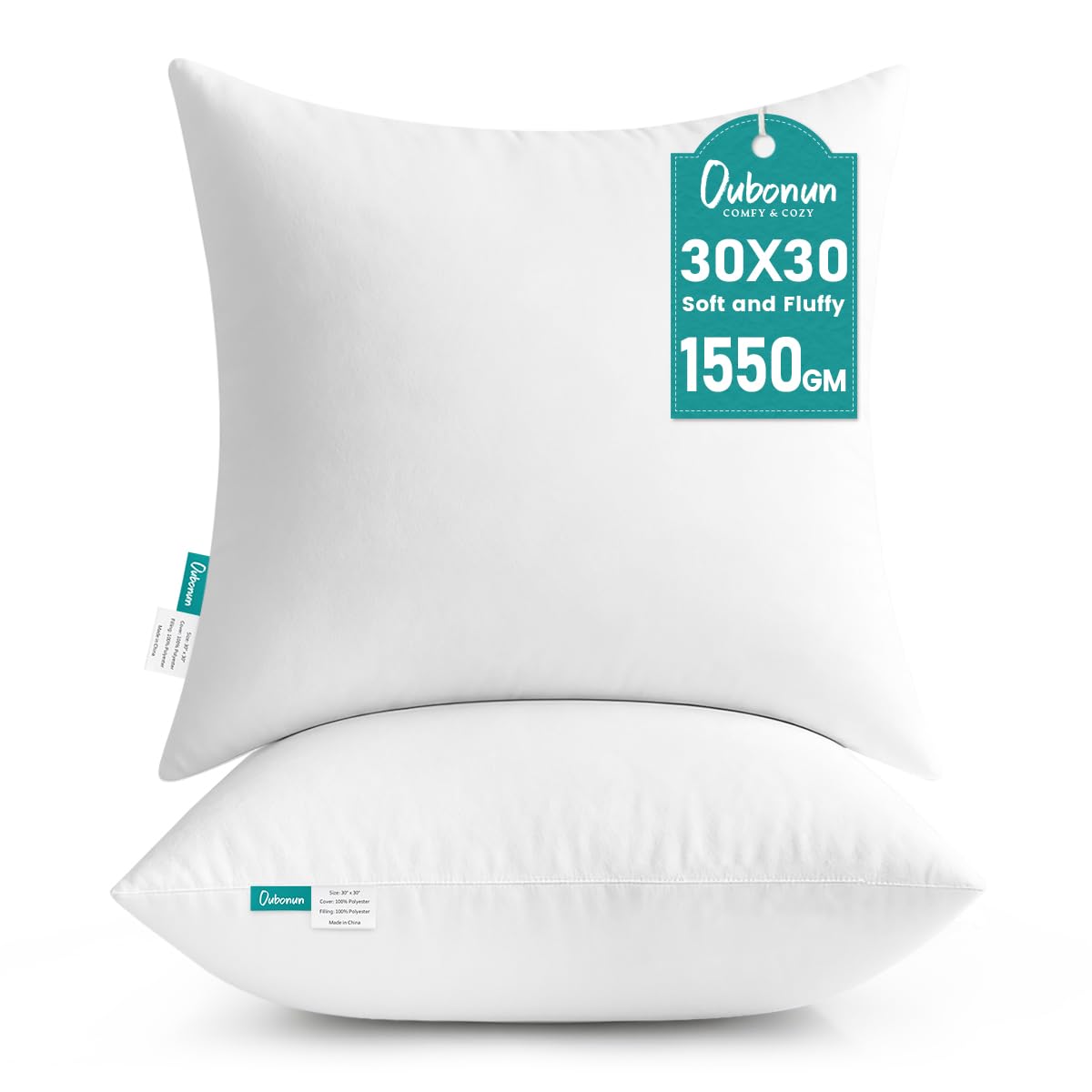 Oubonun 30 x 30 Throw Pillow Inserts - Soft, Plush & Decorative Down Alternative Pillows for Couch Sofa Bed, Machine Washable - White, Pack of 2