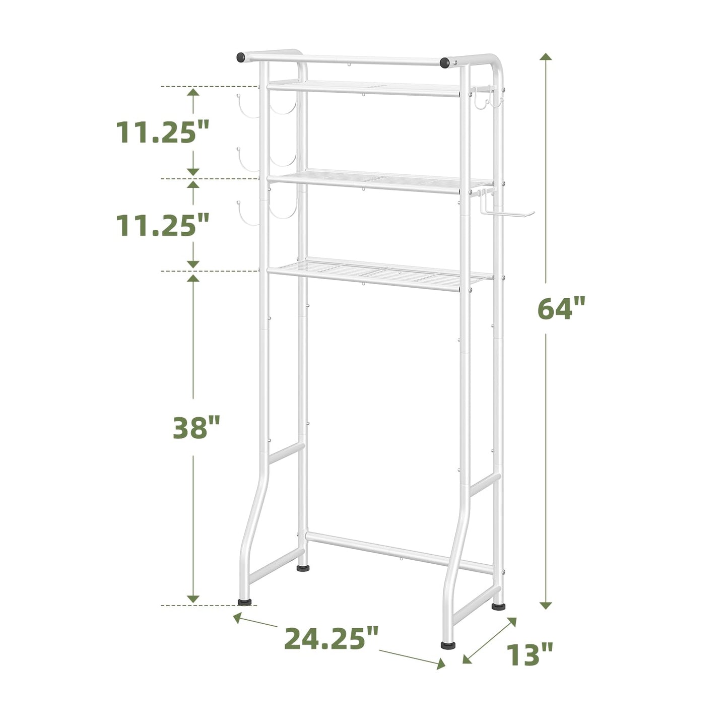 Simple Trending 3 Tier Over The Toilet Storage Rack, Metal Bathroom Shelf, Bathroom Stand Organizer Space Saver with Paper Holder and Hooks, White