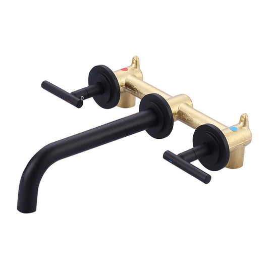 WOWOW Wall Mount Bathroom Faucet Matte Black Wall Faucet High Flow Two Handles Stainless Steels,Long Spout Reach,Widespread Bathroom Sink with Rough-in Valve 3 Holes Elegant Classic Spout