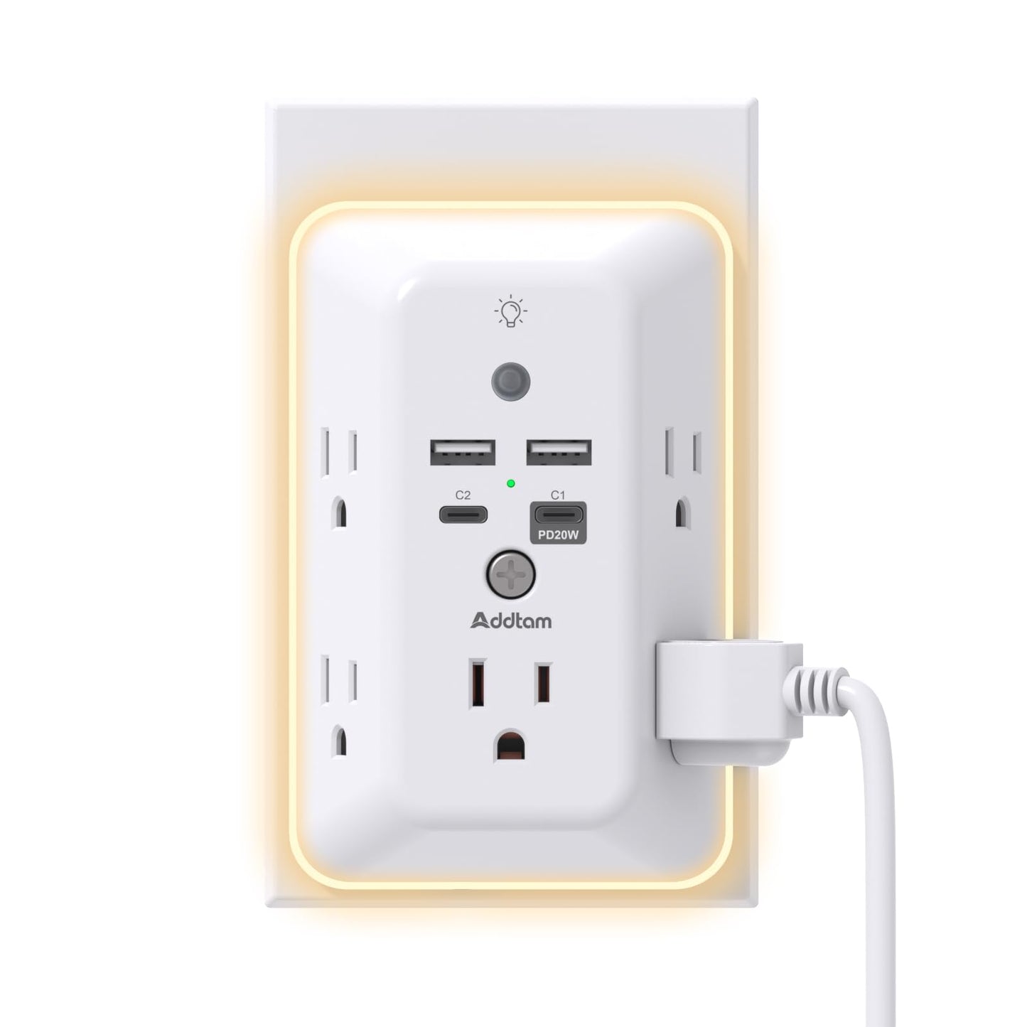 Surge Protector, Outlet Extender with Night Light, Addtam 5-Outlet Splitter and 4 USB Ports(PD 20W), Multi Plug Wall Outlet Power Strip for Home Office Dorm Room Essentials