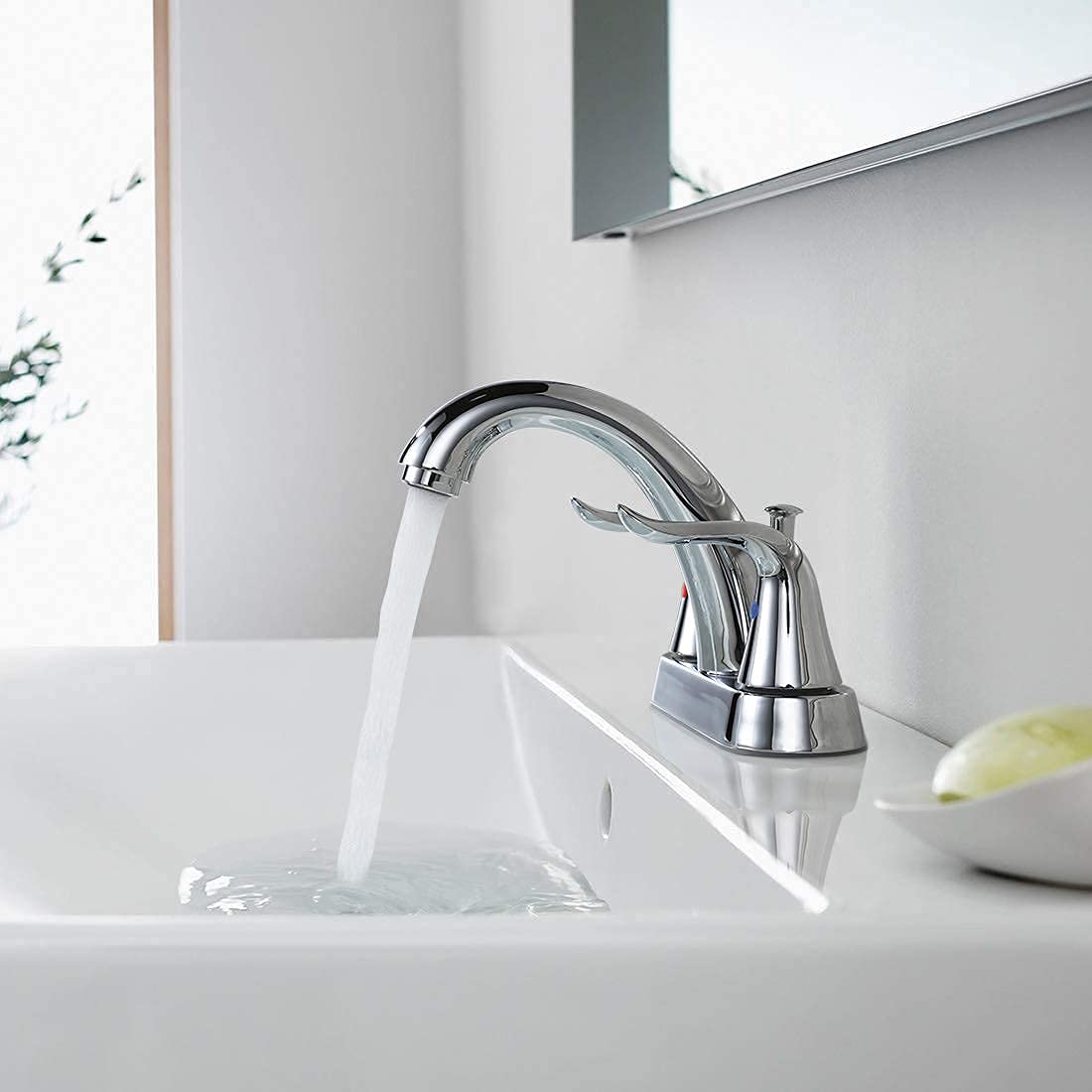 WOWOW Bathroom Faucet 2 Handle 4 Inch Centerset Bathroom Sink Faucet Lead-Free Basin Mixer Tap Lift Rod Drain Stopper, Two-Handle Center-Set Lavatory Faucet Chrome