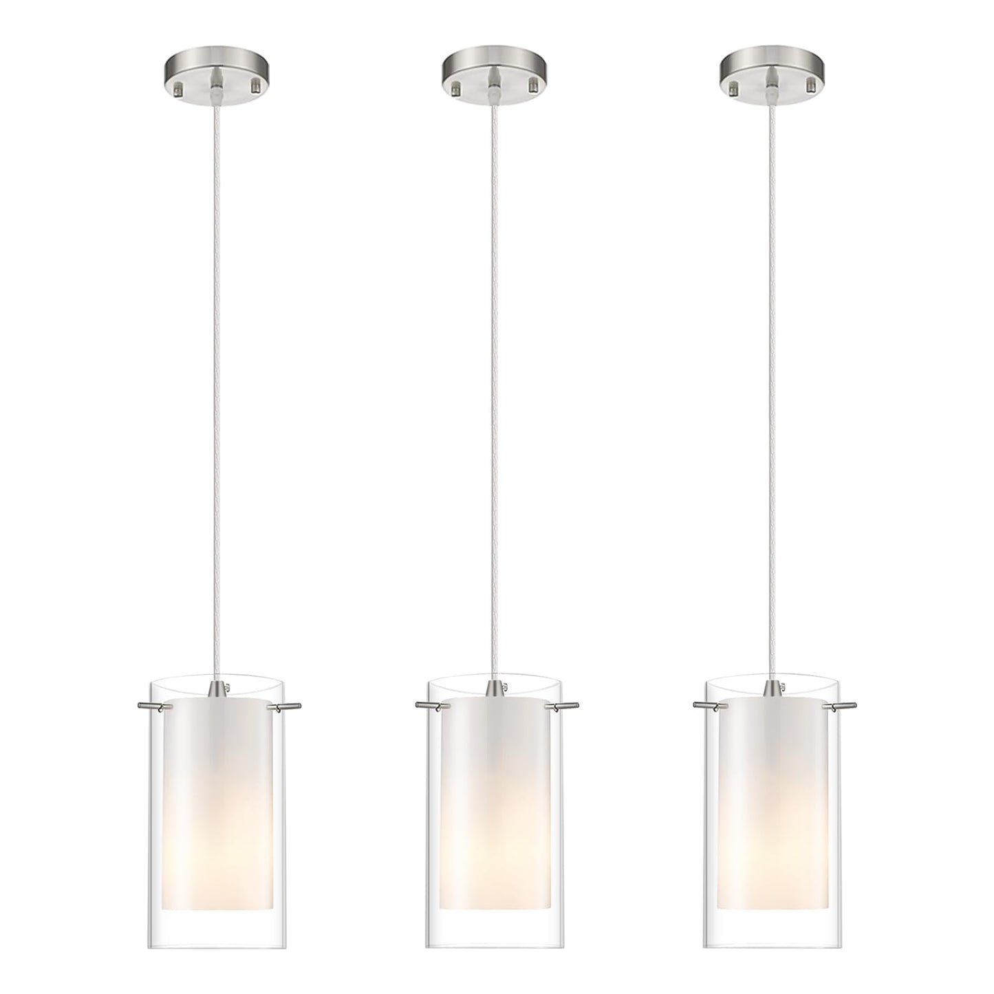 AKEZON 3-Light Pendant Light, Indoor Glass Hanging Light Fixture, Adjustable Height, Brushed Nickel Finish for Kitchen Dining Room